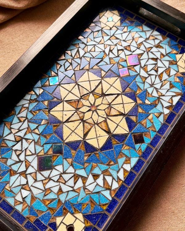 Mosaic Serving Tray | Andalusian/Arabian Handmade Middle Eastern Decorative Wooden Tray- Ramadan Home Decor - Blue & Bronze Art