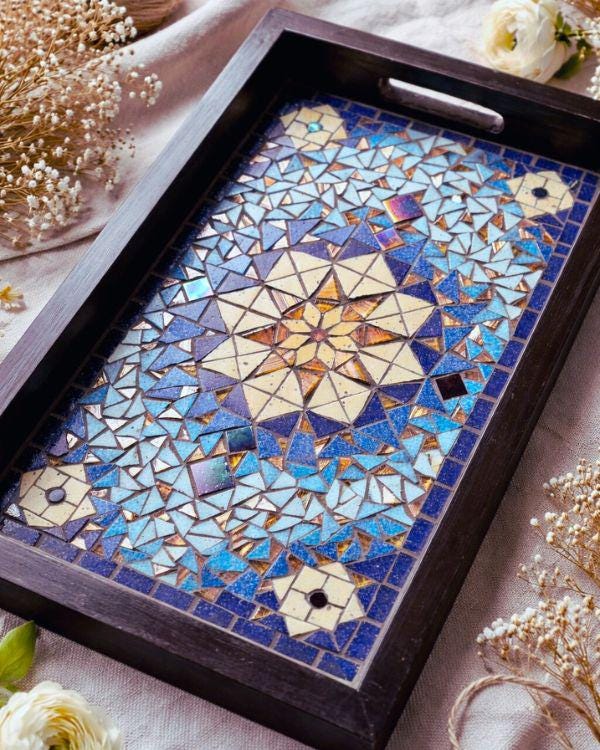 Mosaic Serving Tray | Andalusian/Arabian Handmade Middle Eastern Decorative Wooden Tray- Ramadan Home Decor - Blue & Bronze Art