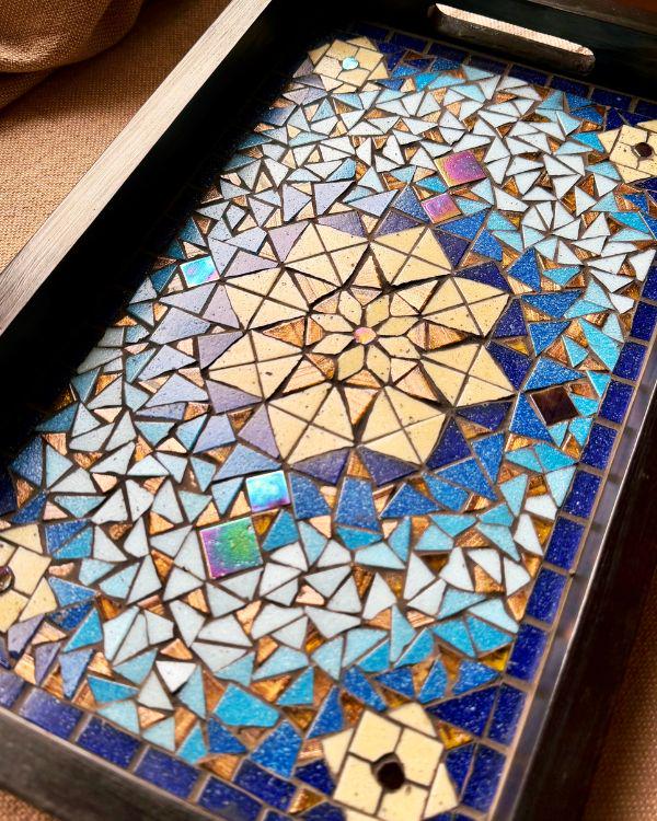 Mosaic Serving Tray | Andalusian/Arabian Handmade Middle Eastern Decorative Wooden Tray- Ramadan Home Decor - Blue & Bronze Art