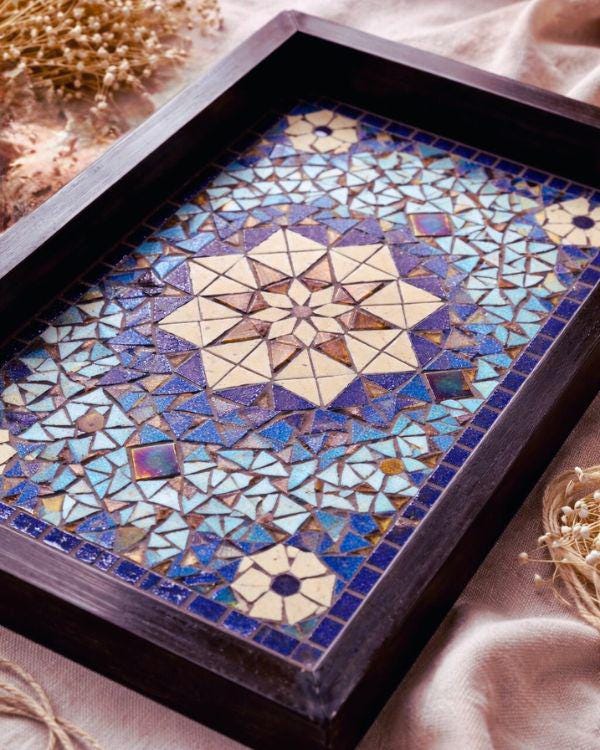 Mosaic Serving Tray | Andalusian/Arabian Handmade Middle Eastern Decorative Wooden Tray- Ramadan Home Decor - Blue & Bronze Art
