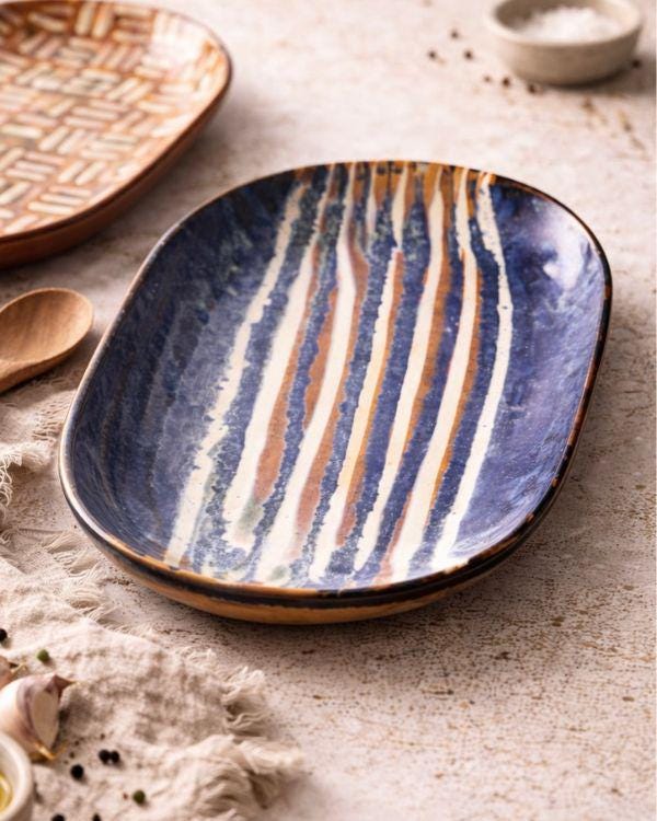 Navy & Beige Serving Platter | Artisan Ceramic Serveware | Appetizer plate