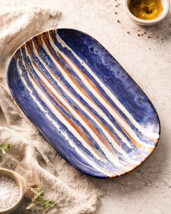 Navy & Beige Serving Platter | Artisan Ceramic Serveware | Appetizer plate