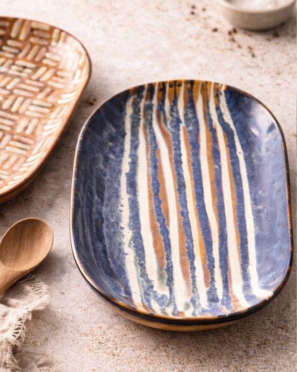 Navy & Beige Serving Platter | Artisan Ceramic Serveware | Appetizer plate