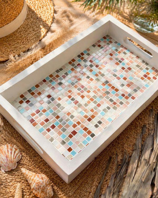 Handmade Mosaic Serving Tray – Mediterranean Tile, Coastal Boho Kitchen Decor