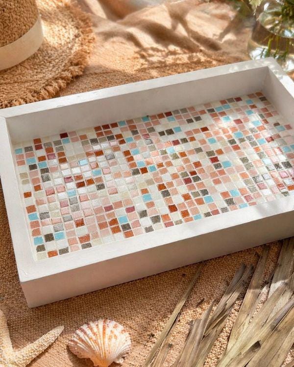 Handmade Mosaic Serving Tray – Mediterranean Tile, Coastal Boho Kitchen Decor