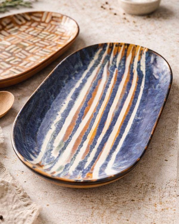 Navy & Beige Serving Platter | Artisan Ceramic Serveware | Appetizer plate