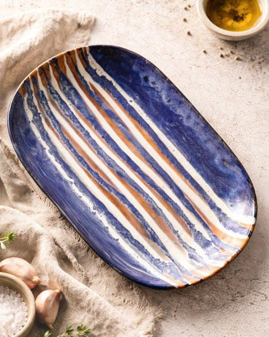 Navy & Beige Serving Platter | Artisan Ceramic Serveware | Appetizer plate