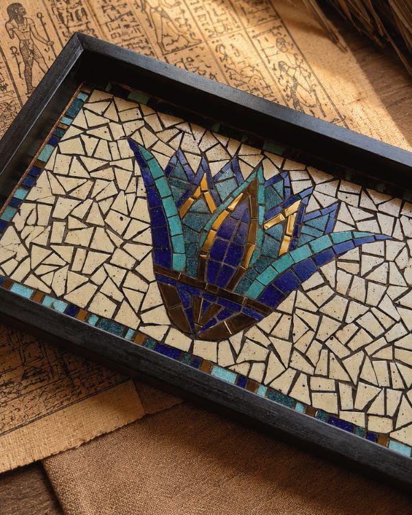 Ancient Egyptian Serving Tray – Mosaic Lotus Tile Artwork, Coastal Boho HomeDecor | Wooden Frame