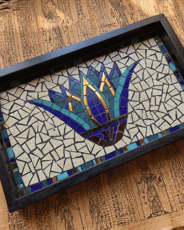 Ancient Egyptian Serving Tray – Mosaic Lotus Tile Artwork, Coastal Boho HomeDecor | Wooden Frame