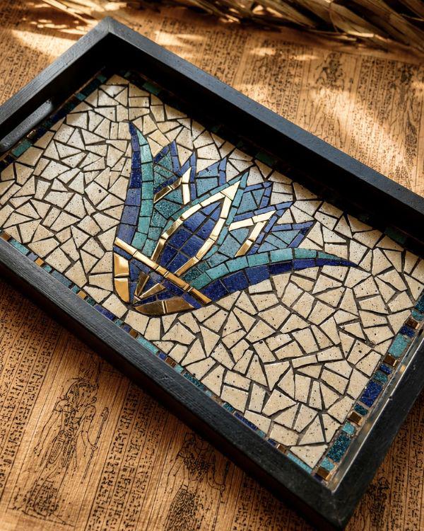 Ancient Egyptian Serving Tray – Mosaic Lotus Tile Artwork, Coastal Boho HomeDecor | Wooden Frame