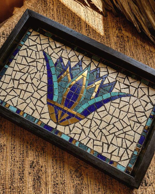 Ancient Egyptian Serving Tray – Mosaic Lotus Tile Artwork, Coastal Boho HomeDecor | Wooden Frame