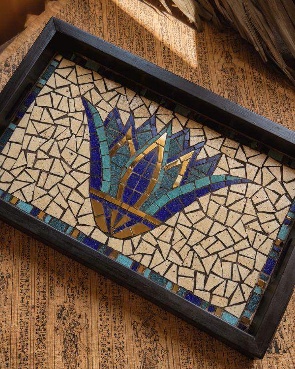 Ancient Egyptian Serving Tray – Mosaic Lotus Tile Artwork, Coastal Boho HomeDecor | Wooden Frame
