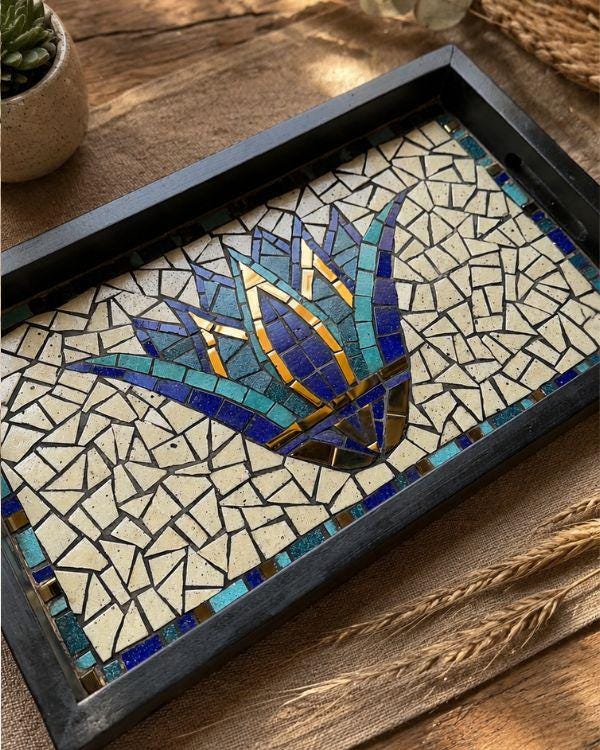 Ancient Egyptian Serving Tray – Mosaic Lotus Tile Artwork, Coastal Boho HomeDecor | Wooden Frame