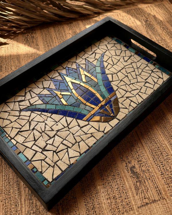 Ancient Egyptian Serving Tray – Mosaic Lotus Tile Artwork, Coastal Boho HomeDecor | Wooden Frame