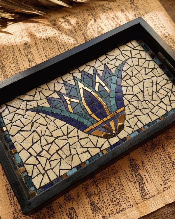Ancient Egyptian Serving Tray – Mosaic Lotus Tile Artwork, Coastal Boho HomeDecor | Wooden Frame