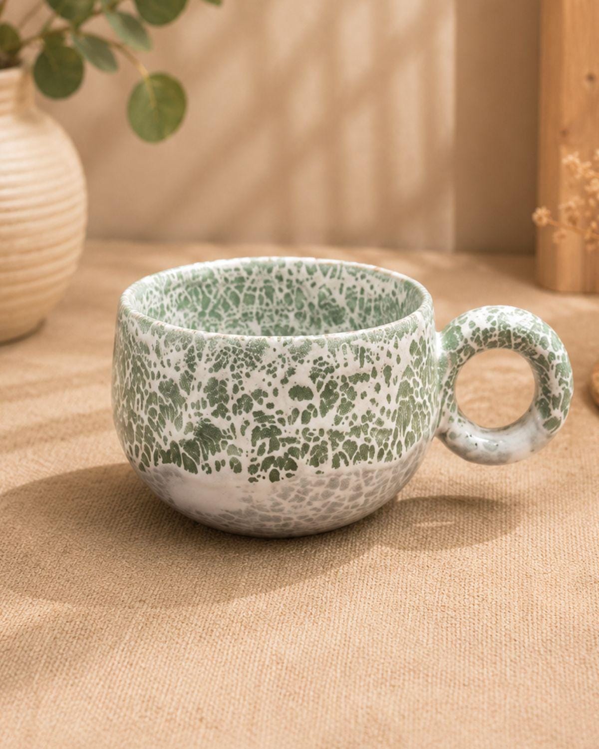 Hand-Glazed Ceramic Mug | Pastel Green & White, Iridescent Glaze, Dishwasher Safe