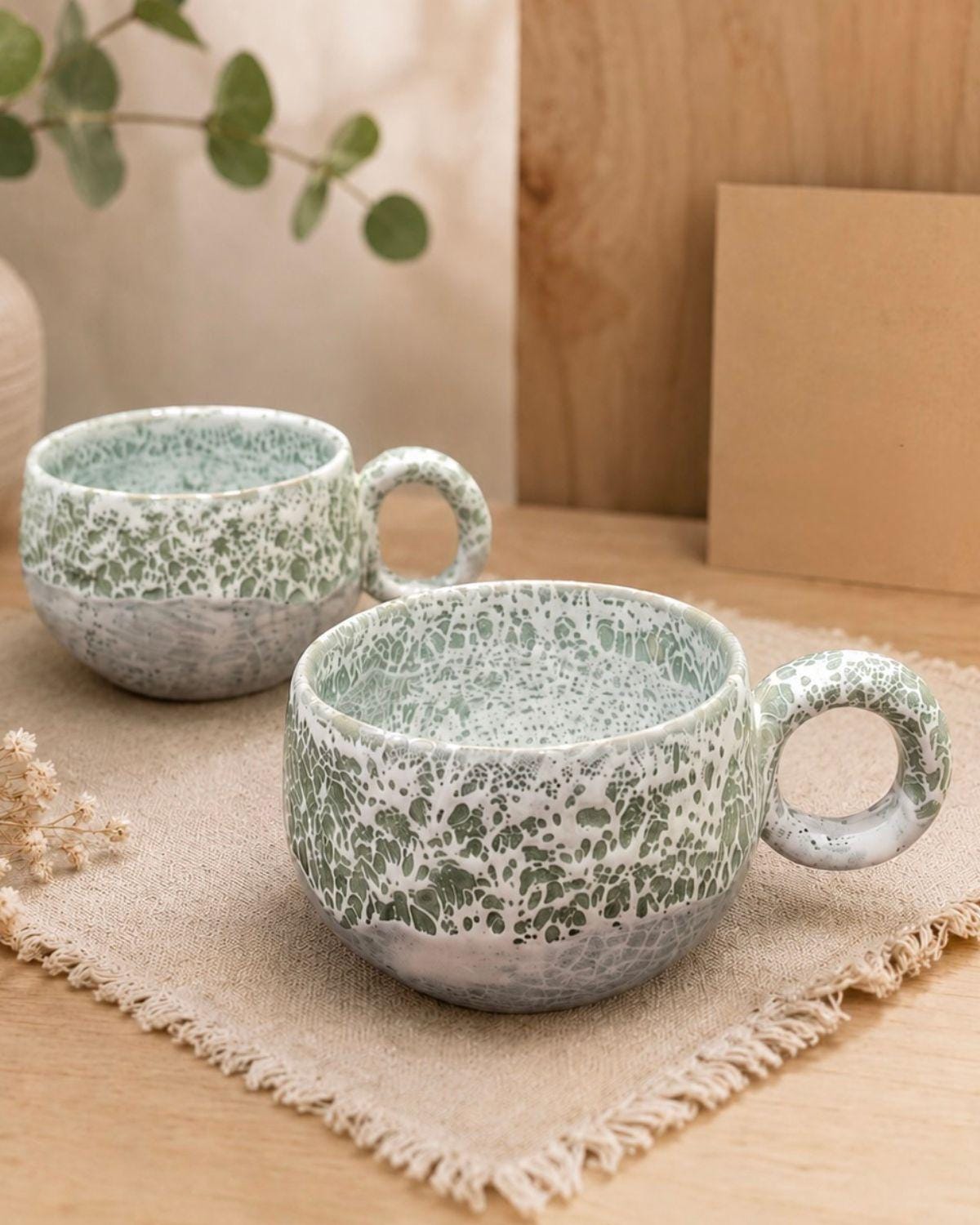 Hand-Glazed Ceramic Mug | Pastel Green & White, Iridescent Glaze, Dishwasher Safe