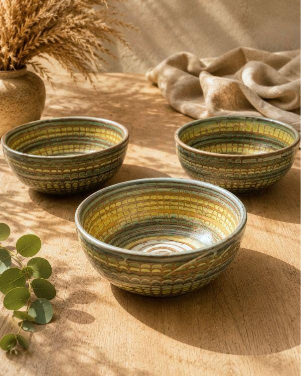 Earthy Salad/Cereal Bowl | Ceramic Serveware | Lime, Yellow & Earthy Tones | Artisan Tableware