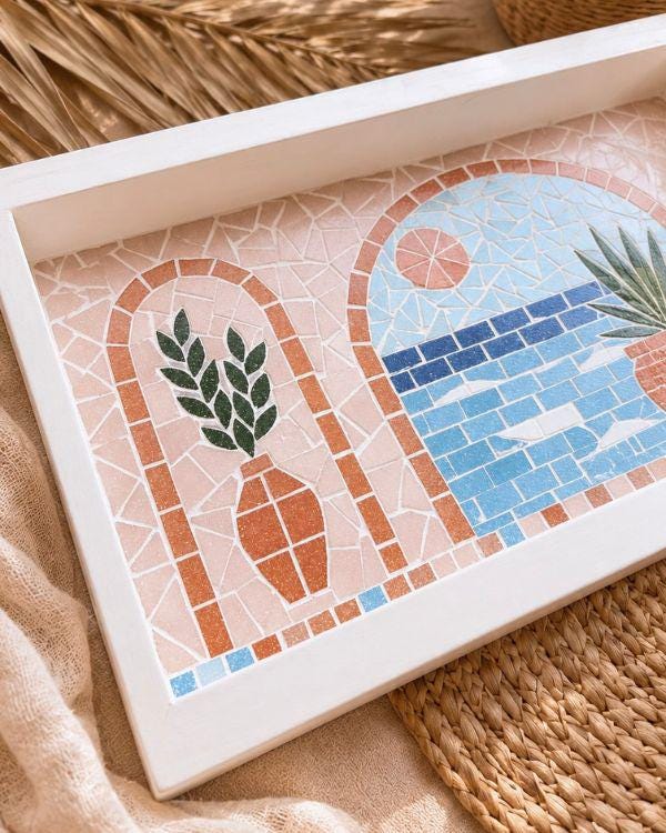 Serving Tray – Mosaic Mediterranean Tiles, Coastal Boho Kitchen Decor | Pastel Palette | White Wooden Frame | Summer Design