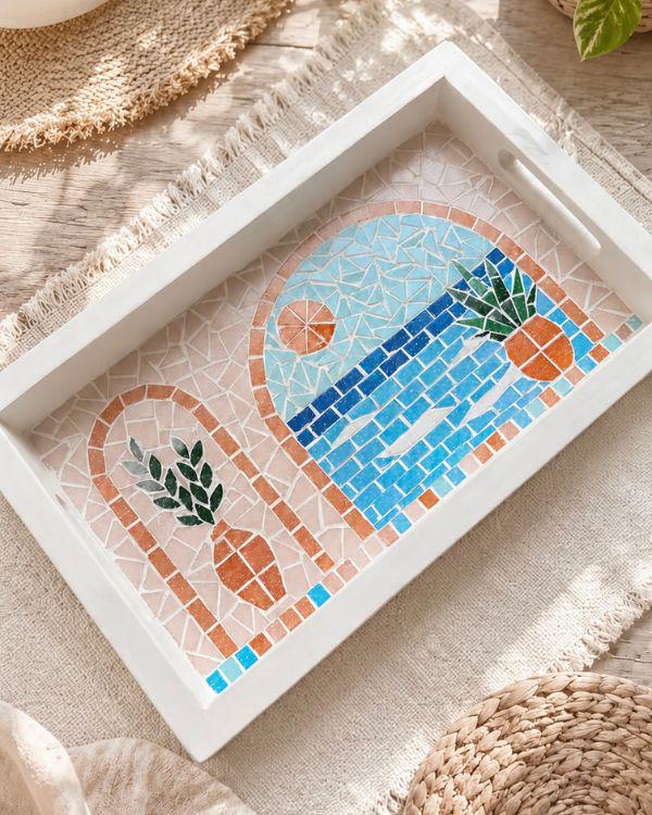 Serving Tray – Mosaic Mediterranean Tiles, Coastal Boho Kitchen Decor | Pastel Palette | White Wooden Frame | Summer Design
