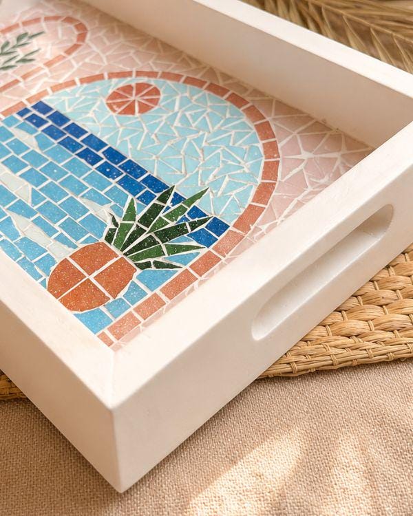 Serving Tray – Mosaic Mediterranean Tiles, Coastal Boho Kitchen Decor | Pastel Palette | White Wooden Frame | Summer Design