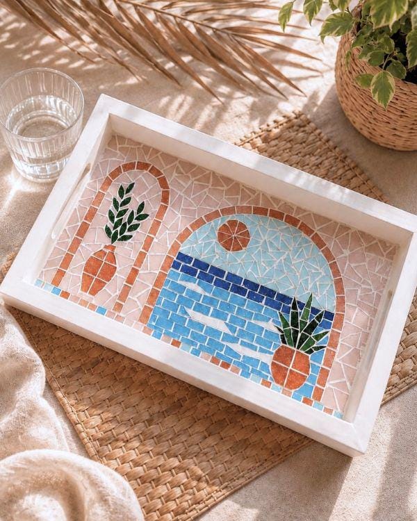 Serving Tray – Mosaic Mediterranean Tiles, Coastal Boho Kitchen Decor | Pastel Palette | White Wooden Frame | Summer Design