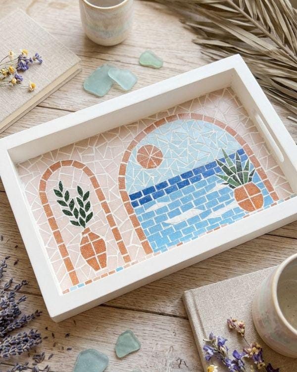 Serving Tray – Mosaic Mediterranean Tiles, Coastal Boho Kitchen Decor | Pastel Palette | White Wooden Frame | Summer Design
