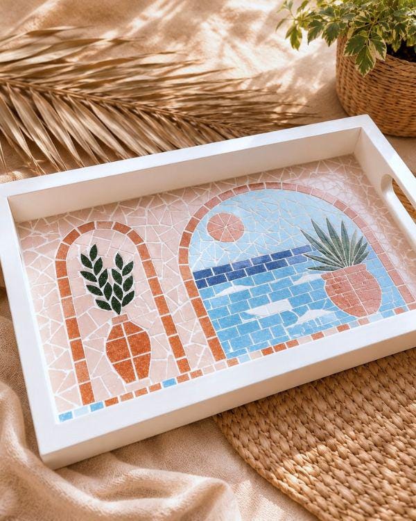 Serving Tray – Mosaic Mediterranean Tiles, Coastal Boho Kitchen Decor | Pastel Palette | White Wooden Frame | Summer Design