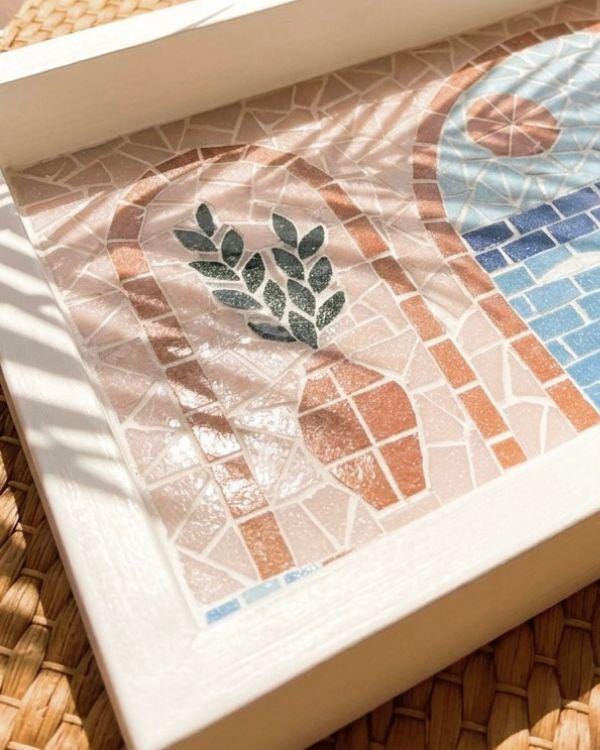Serving Tray – Mosaic Mediterranean Tiles, Coastal Boho Kitchen Decor | Pastel Palette | White Wooden Frame | Summer Design