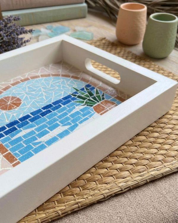 Serving Tray – Mosaic Mediterranean Tiles, Coastal Boho Kitchen Decor | Pastel Palette | White Wooden Frame | Summer Design