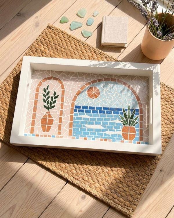 Serving Tray – Mosaic Mediterranean Tiles, Coastal Boho Kitchen Decor | Pastel Palette | White Wooden Frame | Summer Design