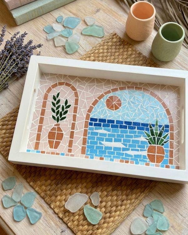Serving Tray – Mosaic Mediterranean Tiles, Coastal Boho Kitchen Decor | Pastel Palette | White Wooden Frame | Summer Design