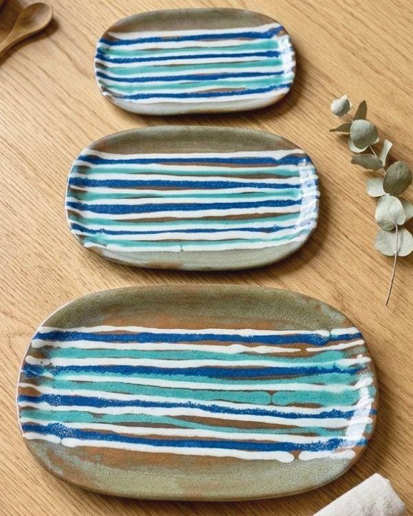 Blue & Beige Serving Platter | Artisan Ceramic Serveware | Appetizer plate