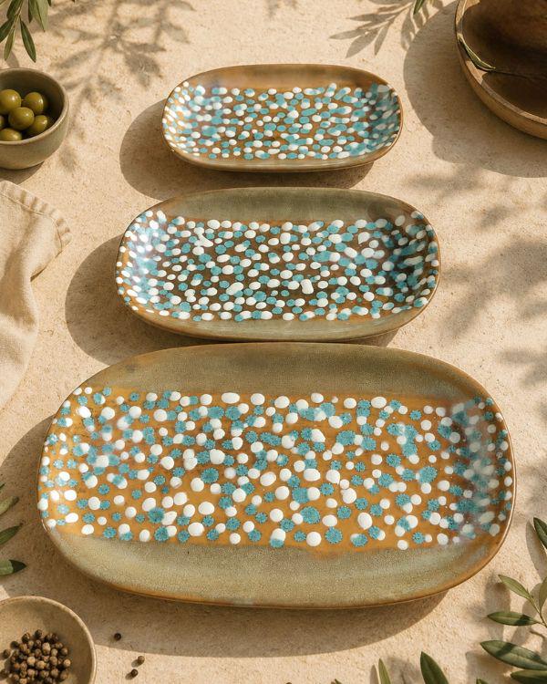 Earthy Polka Serving Platters – Handmade Ceramic Oval Appetizer Tray, Rustic Serving Dish, Housewarming Gift, Kitchen Decor