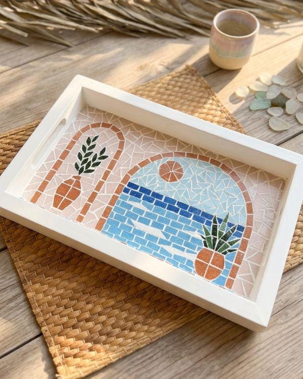 Serving Tray – Mosaic Mediterranean Tiles, Coastal Boho Kitchen Decor | Pastel Palette | White Wooden Frame | Summer Design