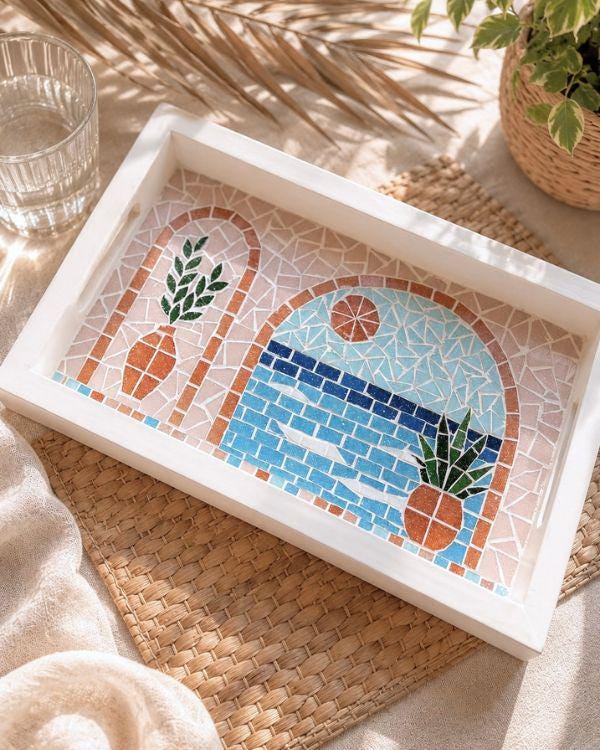 Serving Tray – Mosaic Mediterranean Tiles, Coastal Boho Kitchen Decor | Pastel Palette | White Wooden Frame | Summer Design
