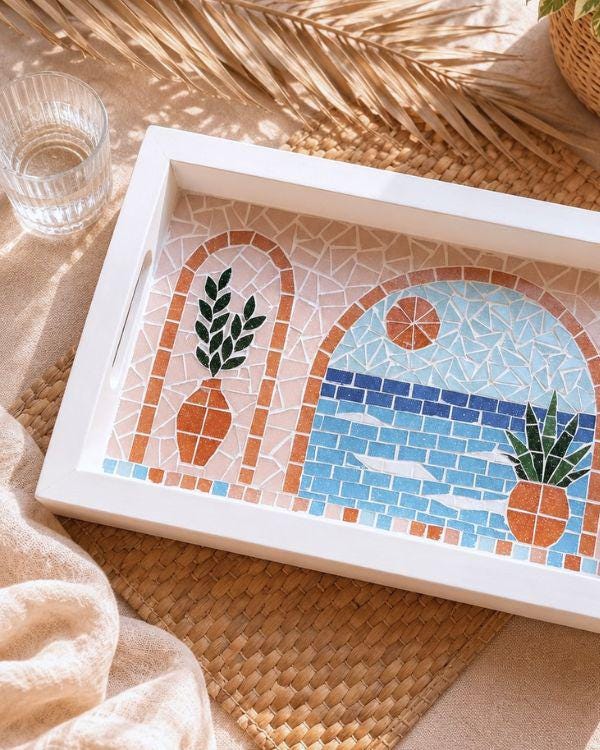 Serving Tray – Mosaic Mediterranean Tiles, Coastal Boho Kitchen Decor | Pastel Palette | White Wooden Frame | Summer Design