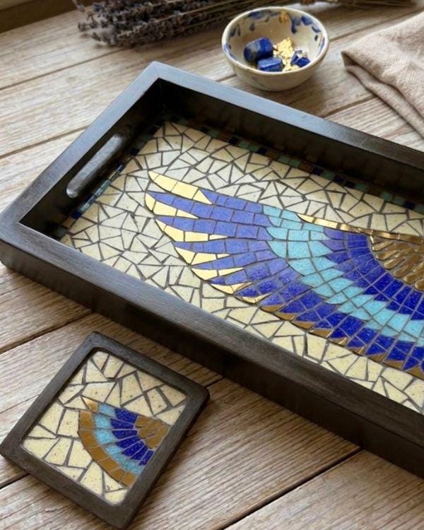 Horus Wing Serving Tray – Ancient Egyptian Tile Artwork, Optional Coaster Set, Coastal Boho HomeDecor | Wooden Frame