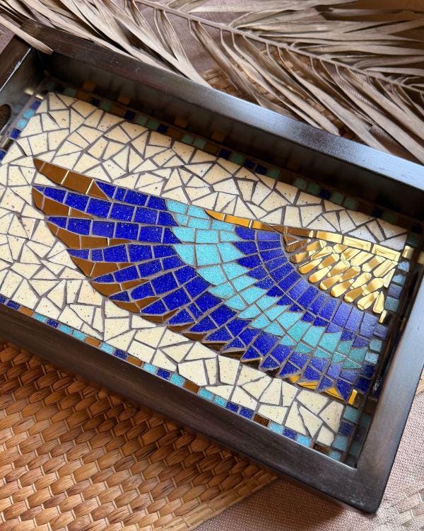 Horus Wing Serving Tray – Ancient Egyptian Tile Artwork, Optional Coaster Set, Coastal Boho HomeDecor | Wooden Frame