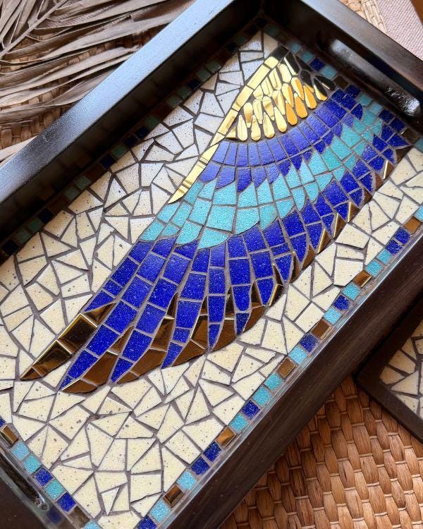 Horus Wing Serving Tray – Ancient Egyptian Tile Artwork, Optional Coaster Set, Coastal Boho HomeDecor | Wooden Frame