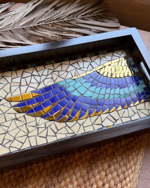 Horus Wing Serving Tray – Ancient Egyptian Tile Artwork, Optional Coaster Set, Coastal Boho HomeDecor | Wooden Frame