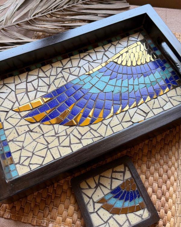 Horus Wing Serving Tray – Ancient Egyptian Tile Artwork, Optional Coaster Set, Coastal Boho HomeDecor | Wooden Frame