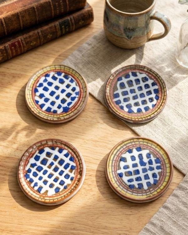 Handmade Ceramic Coaster Set: Summer Multi-Color Design | Boho Home Decor