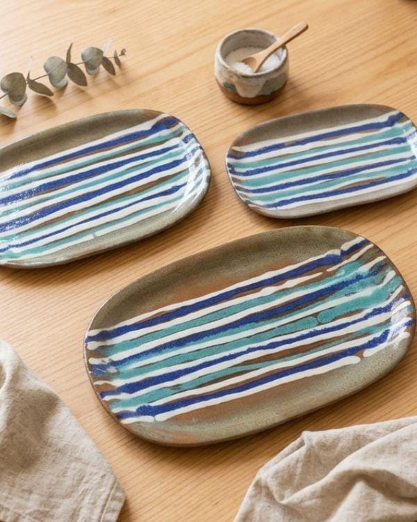Blue & Beige Serving Platter | Artisan Ceramic Serveware | Appetizer plate