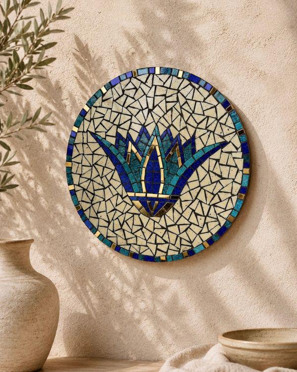 Lotus Mosaic Decor Plate | Ancient Egyptian Inspired Design | in a Wood Frame | Handmade Artisanal Home Decor