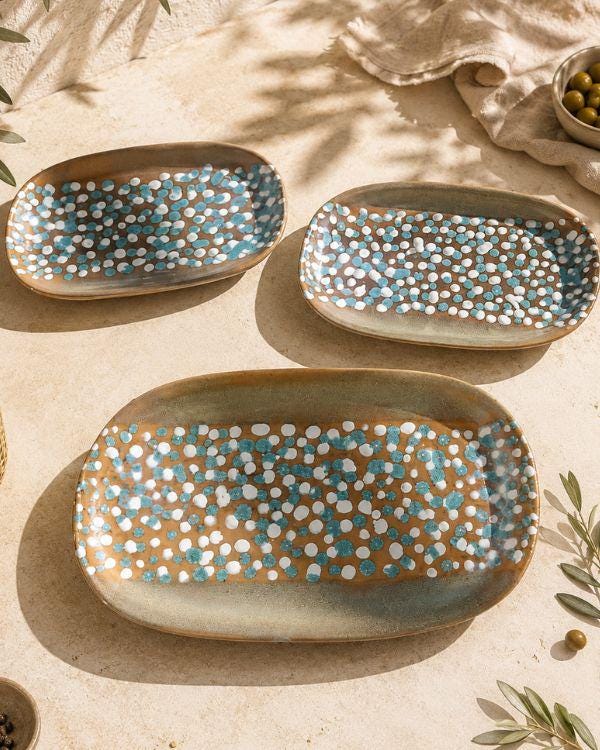 Earthy Polka Serving Platters – Handmade Ceramic Oval Appetizer Tray, Rustic Serving Dish, Housewarming Gift, Kitchen Decor
