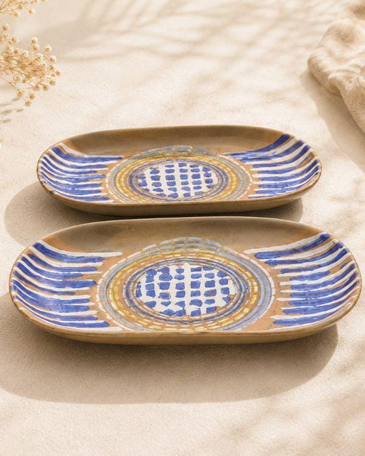 Earthy Serving Platter | Beige, Navy, White & Yellow | Artisan Ceramic Serveware | Serving -Appetizer plate