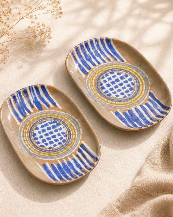 Earthy Serving Platter | Beige, Navy, White & Yellow | Artisan Ceramic Serveware | Serving -Appetizer plate