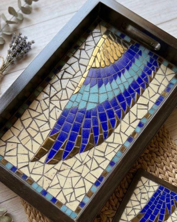 Horus Wing Serving Tray – Ancient Egyptian Tile Artwork, Optional Coaster Set, Coastal Boho HomeDecor | Wooden Frame