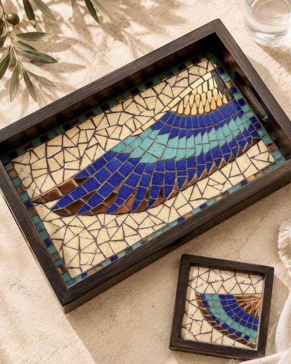 Horus Wing Serving Tray – Ancient Egyptian Tile Artwork, Optional Coaster Set, Coastal Boho HomeDecor | Wooden Frame